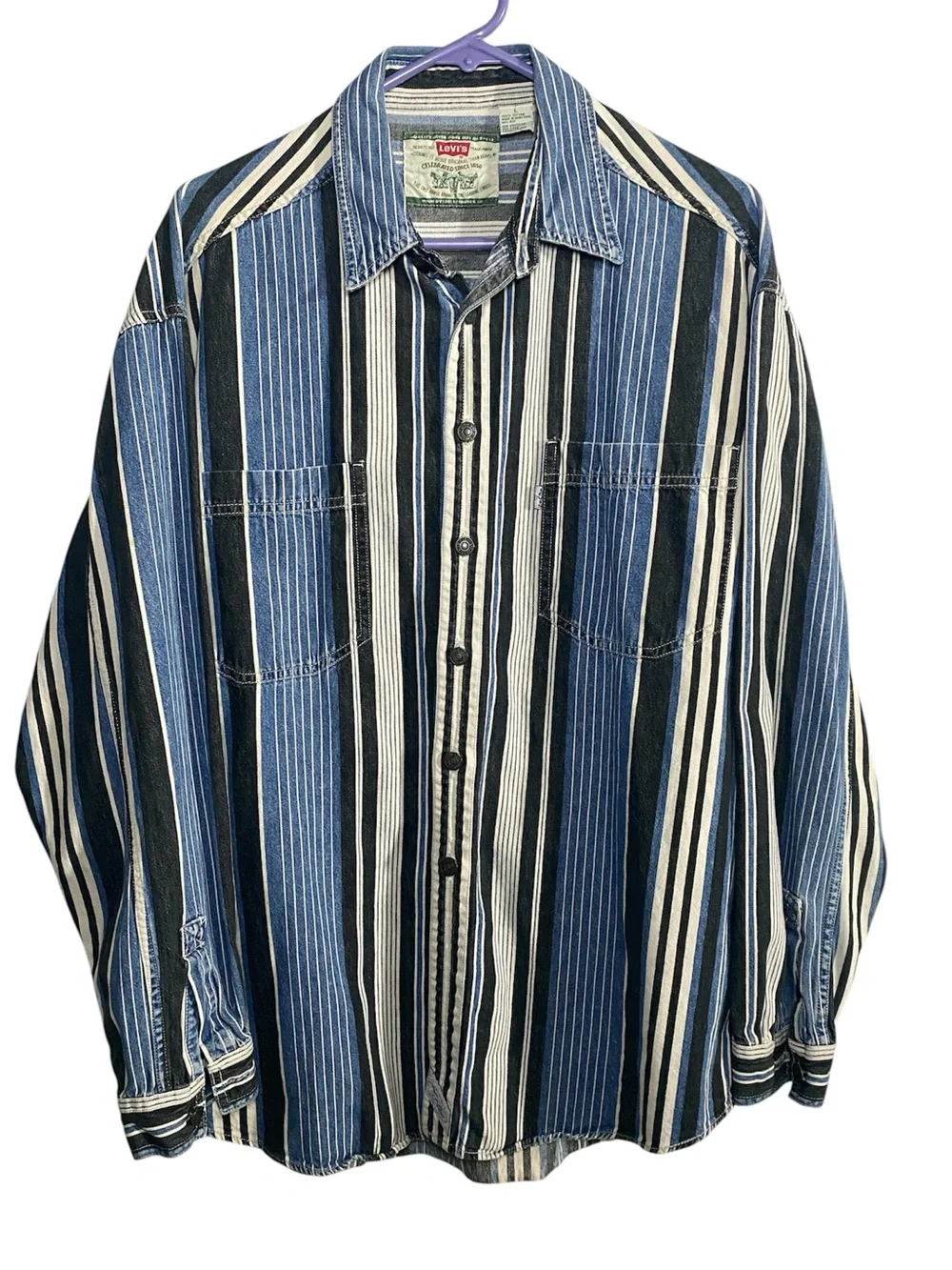 Vintage Levi's Long Sleeve Western Denim Button Up Shirt Men Large Stripe Cotton